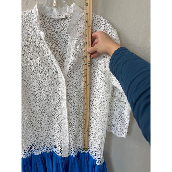 Sandro Paris Sz 6 US 36 FR Maca Eyelet Lace Pleated Skirt Midi Dress White Blue - Picture 6 of 12